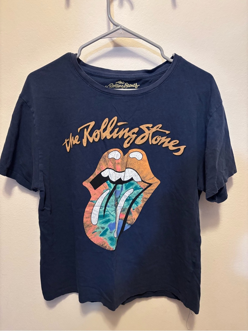 the Rolling Stones Navy Tee with Multicolor Tie-Dye Tongue Graphic
